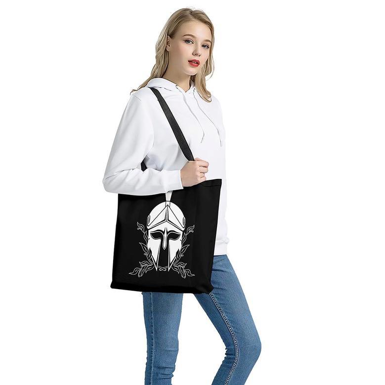 Black And White Spartan Helmet Print Tote Bag