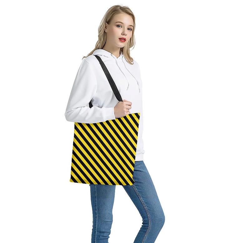 Black And Yellow Warning Striped Print Tote Bag