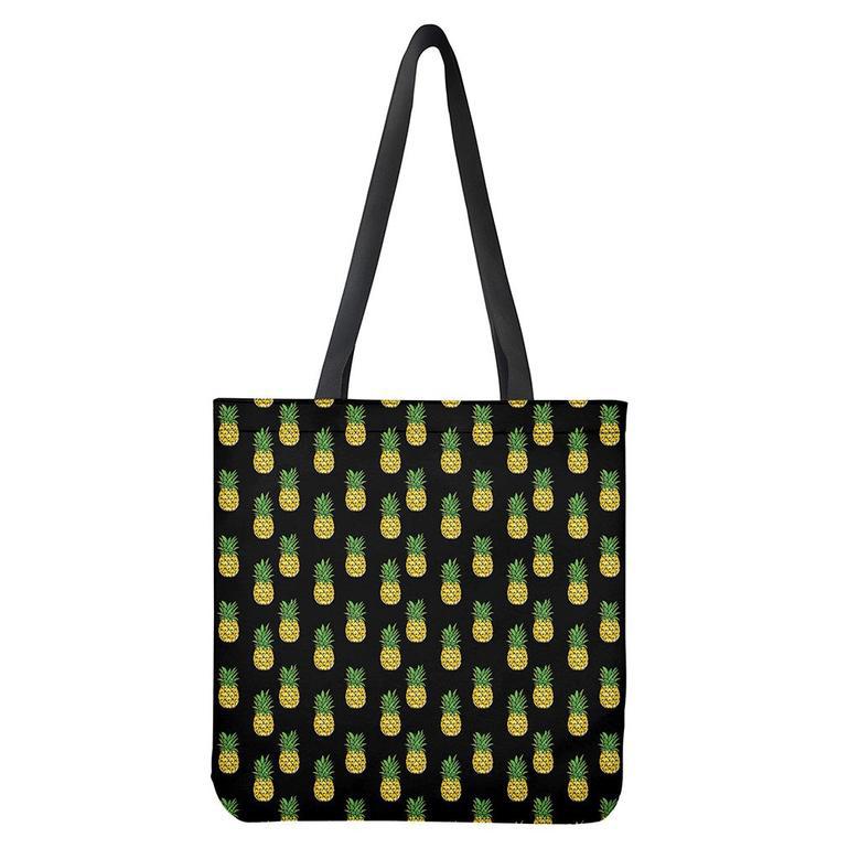 Black Cute Pineapple Pattern Print Tote Bag