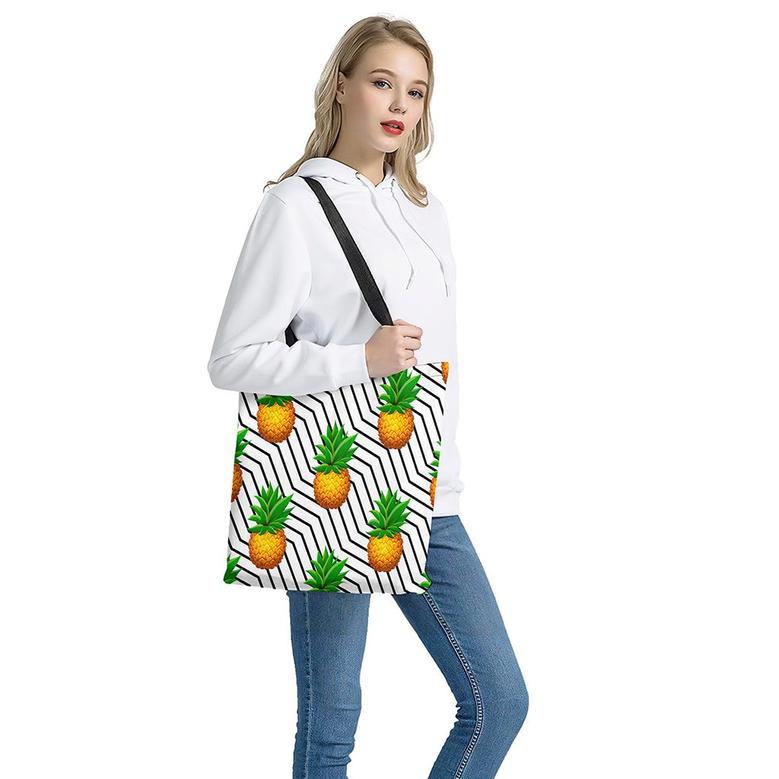 Black Geometric Pineapple Pattern Print Tote Bag