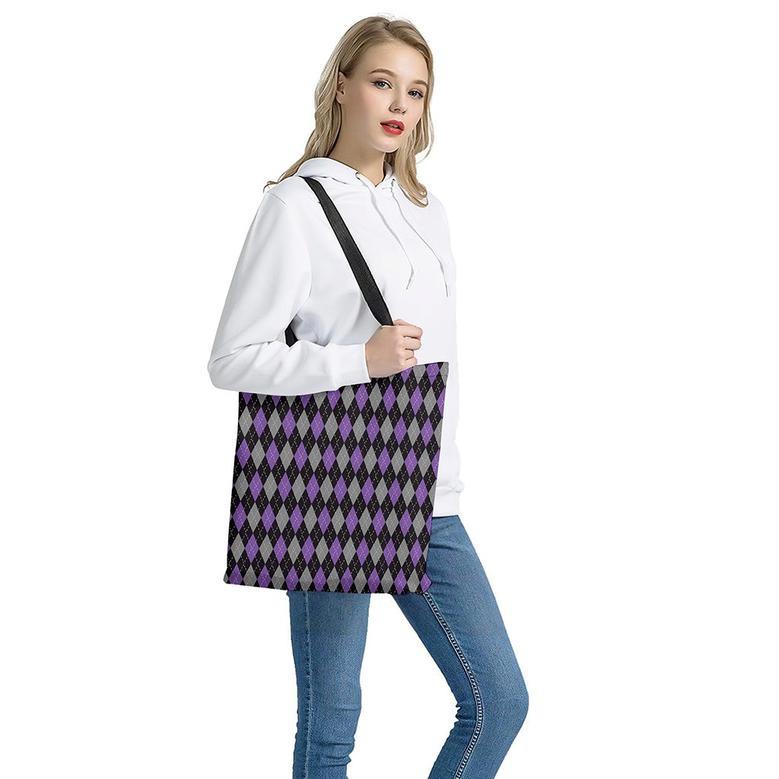 Black Grey And Purple Argyle Print Tote Bag