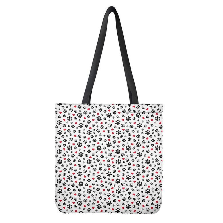 Black Paw And Heart Pattern Print Tote Bag