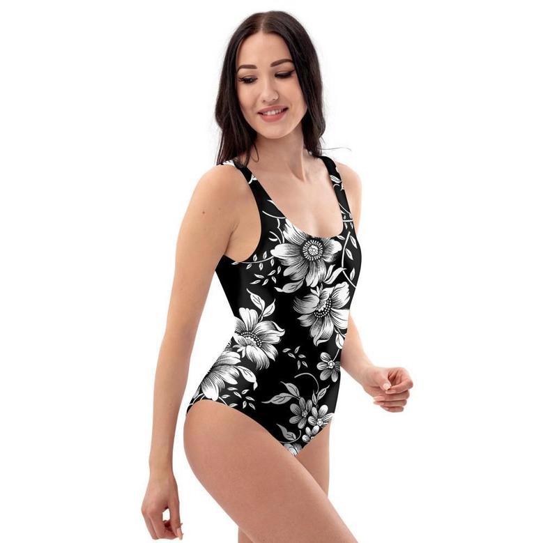 Black White Floral Print One Piece Swimsuite