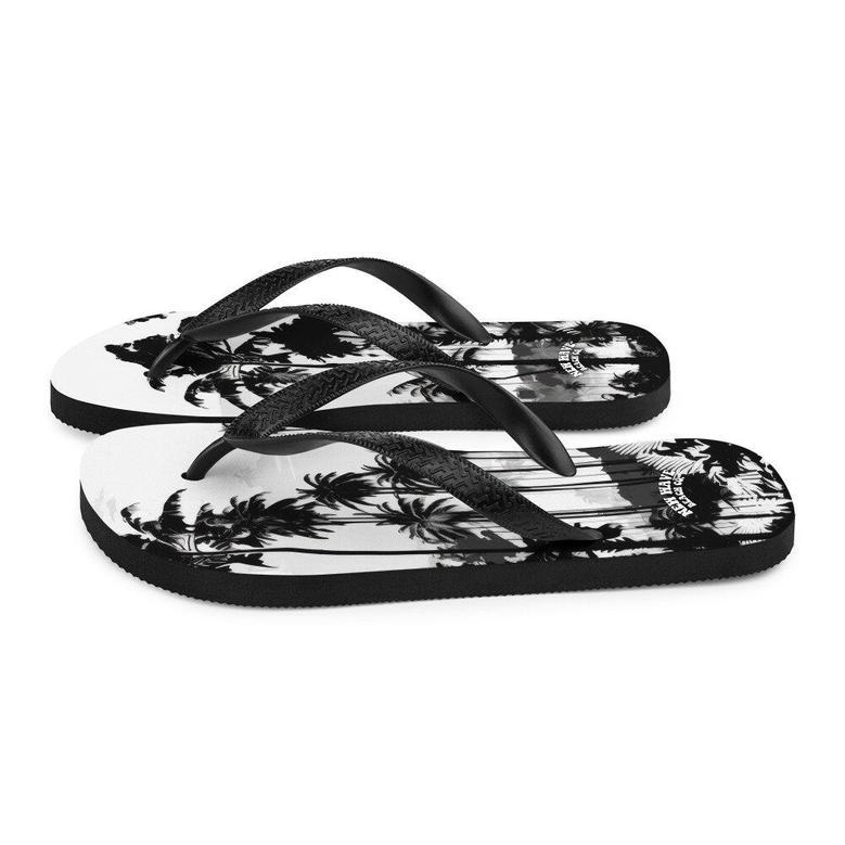 Black White Inky Faded Photo Island Palm Tree Flip Flops