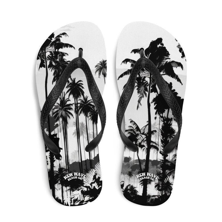 Black White Inky Faded Photo Island Palm Tree Flip Flops