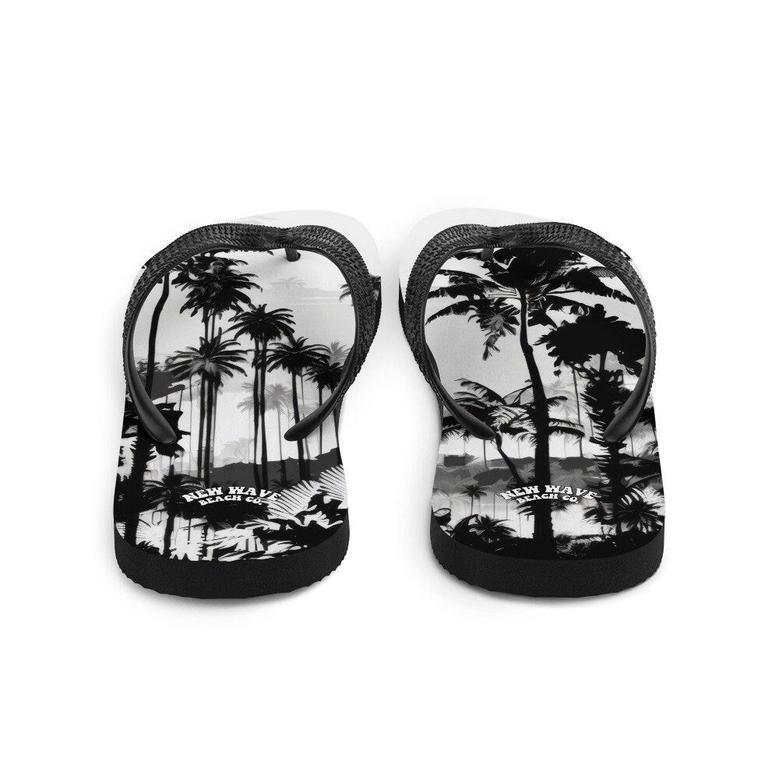 Black White Inky Faded Photo Island Palm Tree Flip Flops