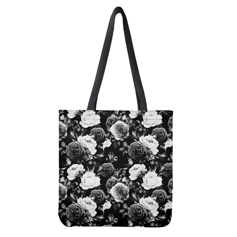 Black White Rose Floral Pattern Print Tote Bag