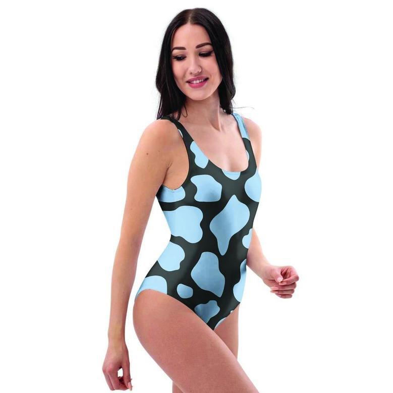 Blue And Black Cow Print One Piece Swimsuite