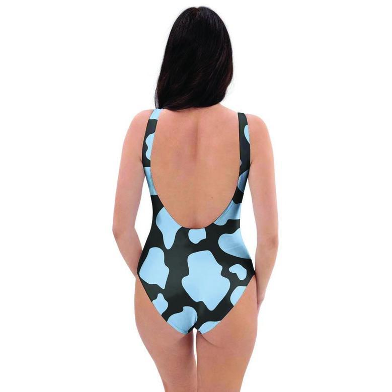 Blue And Black Cow Print One Piece Swimsuite