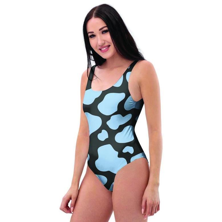 Blue And Black Cow Print One Piece Swimsuite