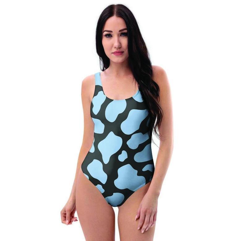 Blue And Black Cow Print One Piece Swimsuite