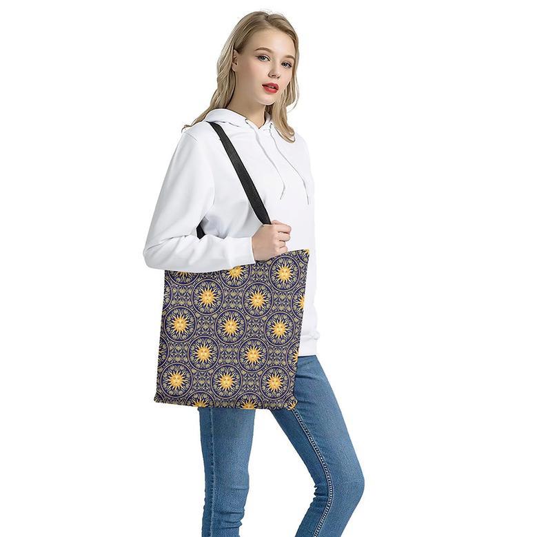 Blue And Gold Celestial Pattern Print Tote Bag