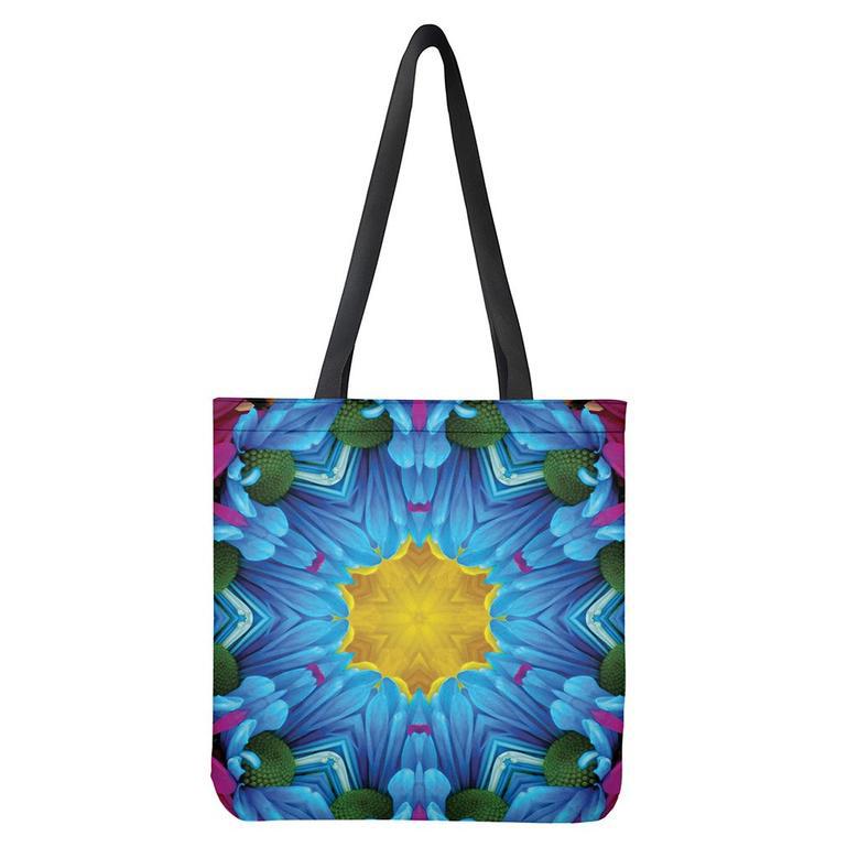 Blue And Pink Flowers Kaleidoscope Print Tote Bag