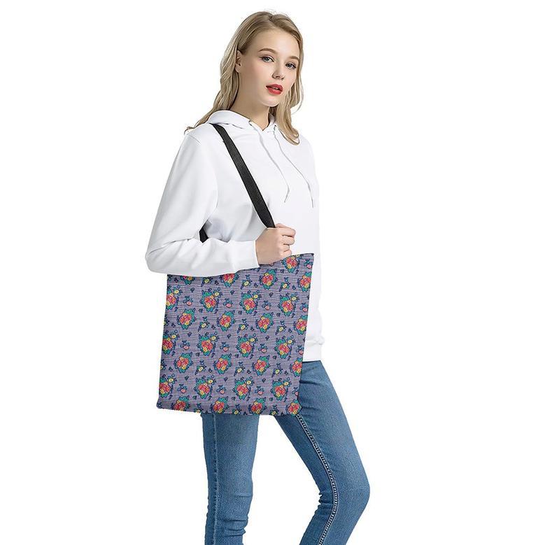 Blue And White Floral Glen Plaid Print Tote Bag