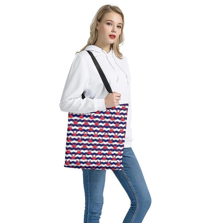 Blue And White Wave Crab Pattern Print Tote Bag