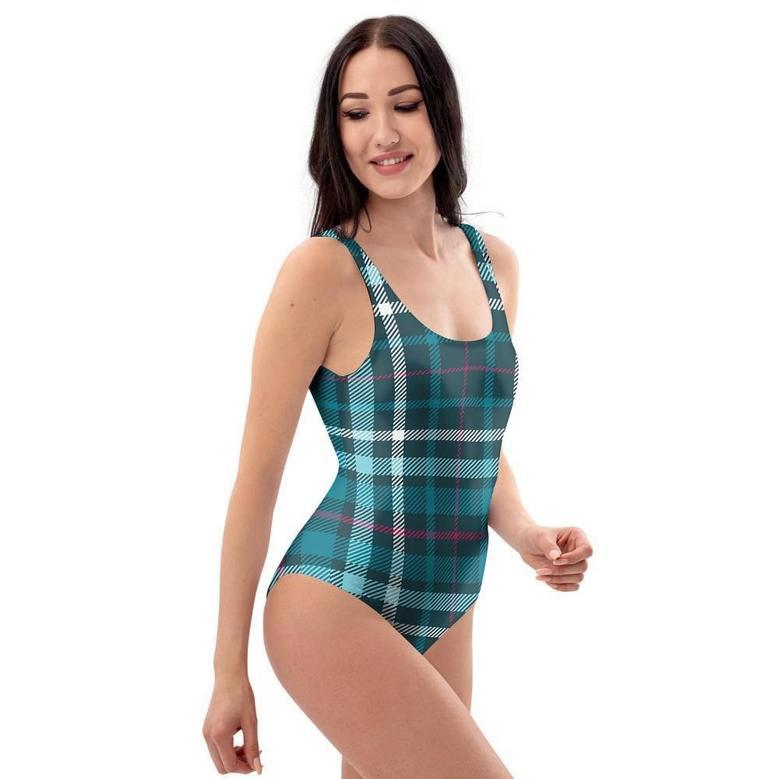 Blue Aqua Plaid Tartan One Piece Swimsuite