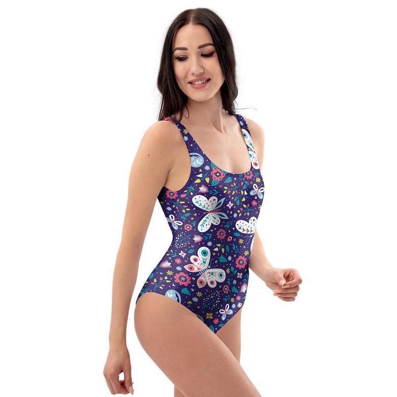 Blue Butterfly Floral Print One Piece Swimsuite