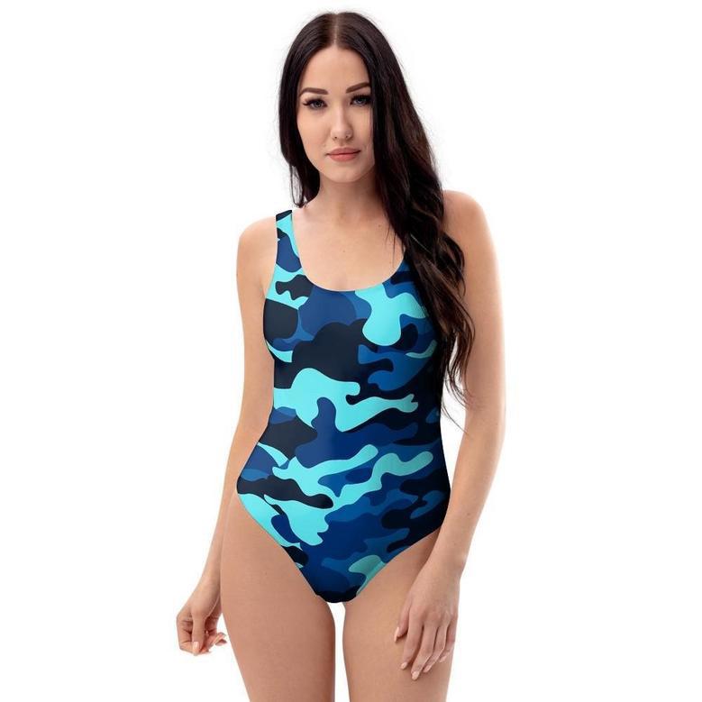 Blue Camoflage Print One Piece Swimsuite