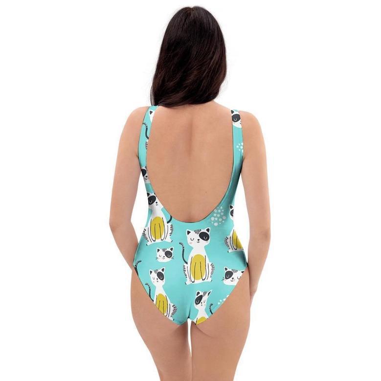 Blue Cat Print One Piece Swimsuite