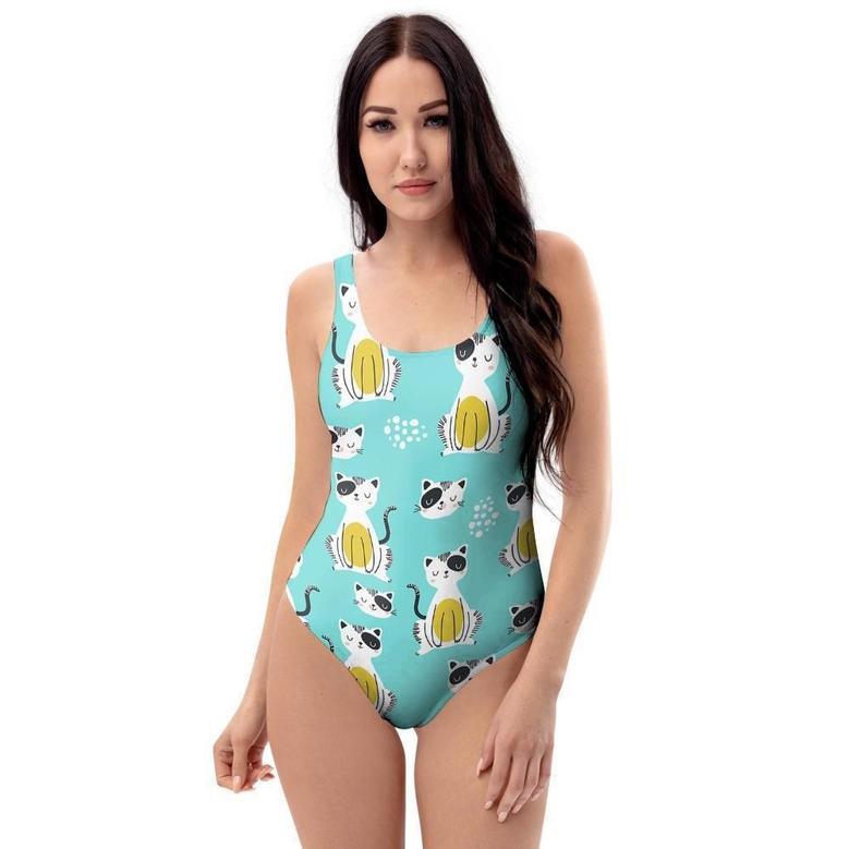 Blue Cat Print One Piece Swimsuite