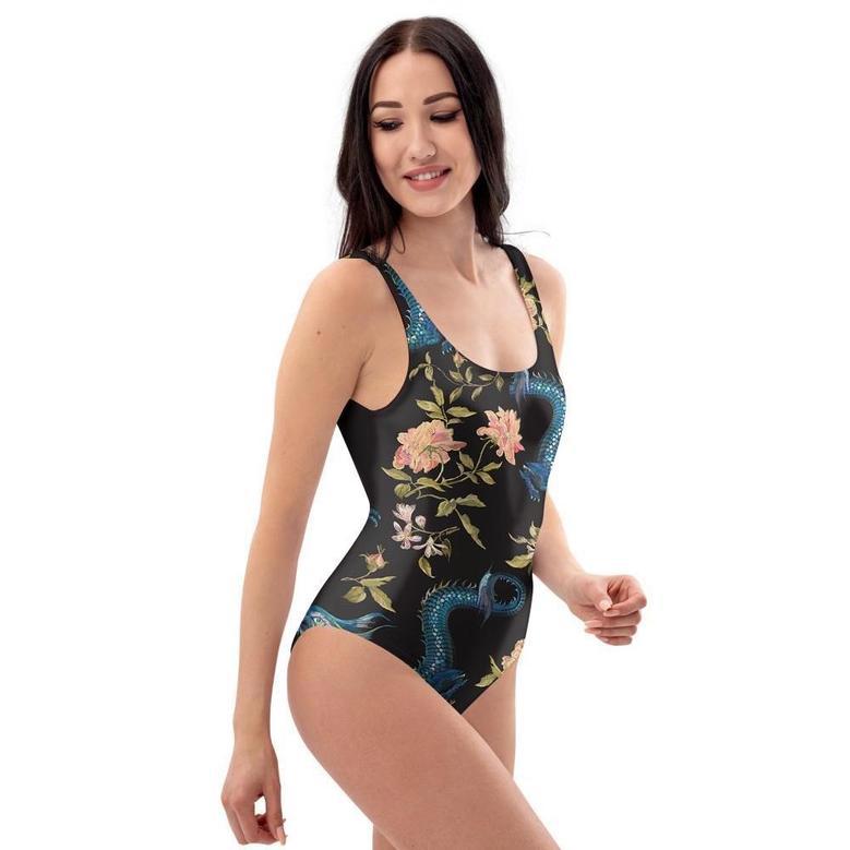 Blue Chinese Dragon Floral One Piece Swimsuite