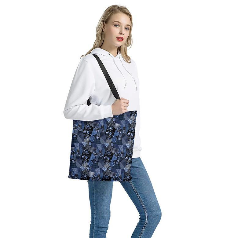 Blue Flower Patchwork Pattern Print Tote Bag