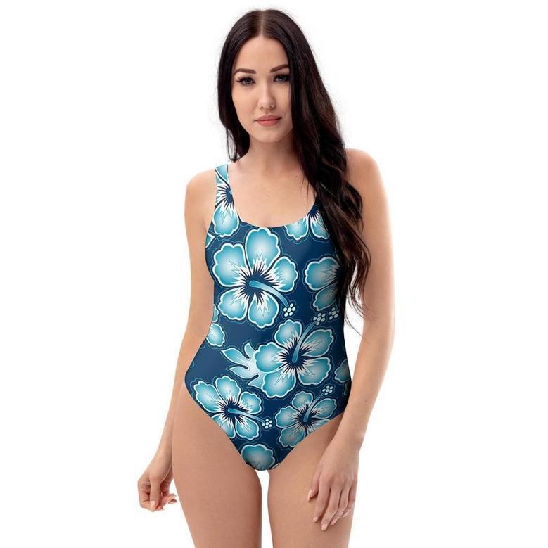 Blue Hibiscus Hawaiian Print One Piece Swimsuite