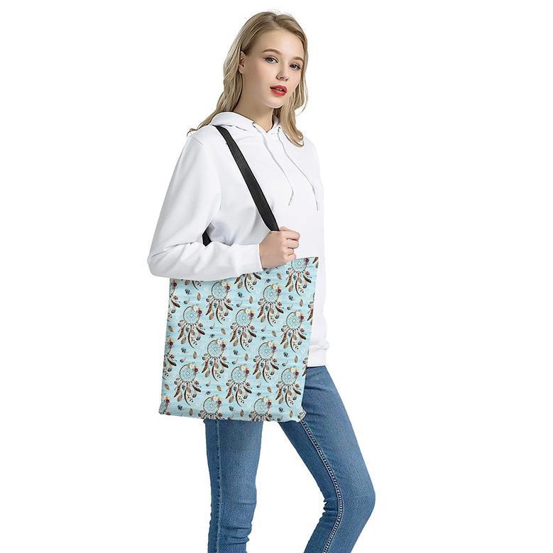 Blue Indian Dream Catcher Pattern Print Tote Bag