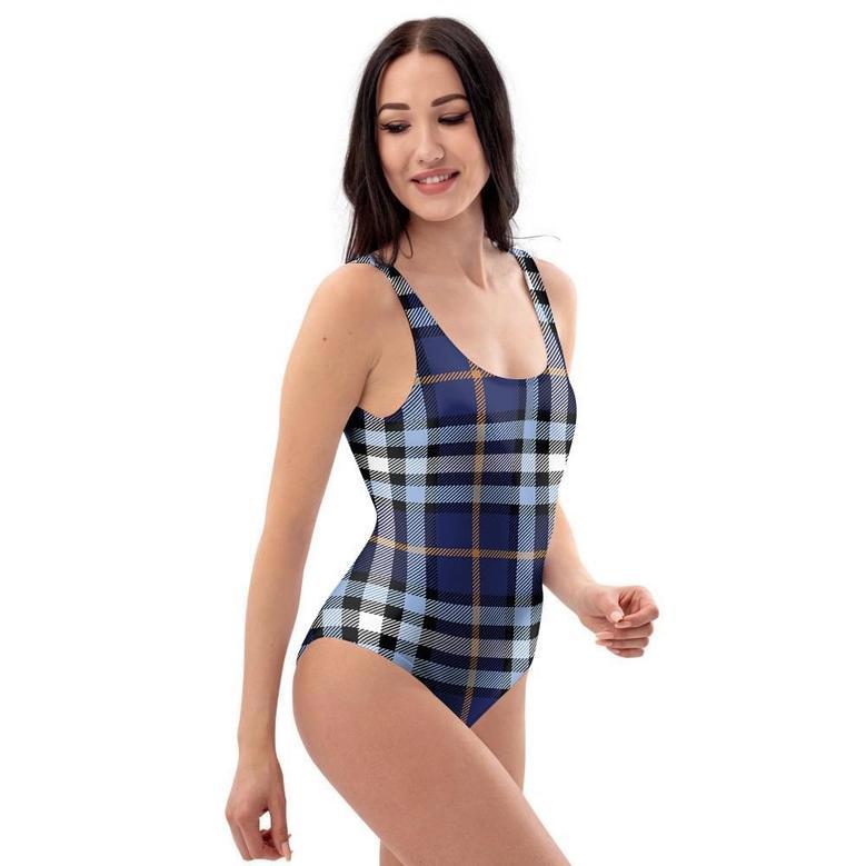 Blue Navy Plaid Tartan One Piece Swimsuite