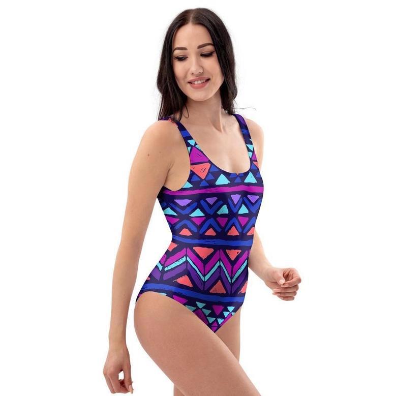 Blue Neon Color Indian Aztec One Piece Swimsuite