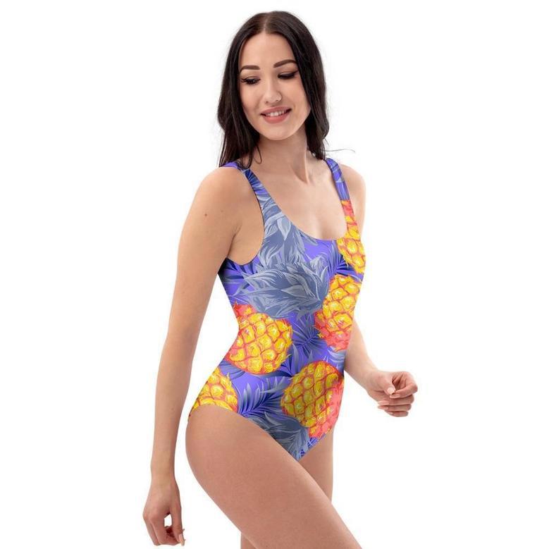 Blue Neon Pineapple Hawaiian Print One Piece Swimsuite