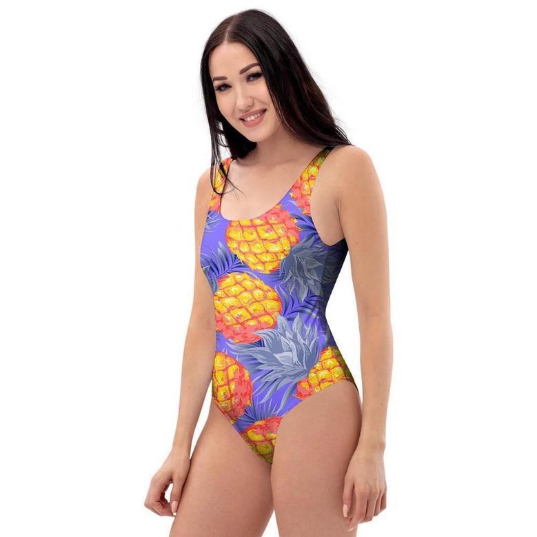 Blue Neon Pineapple Hawaiian Print One Piece Swimsuite