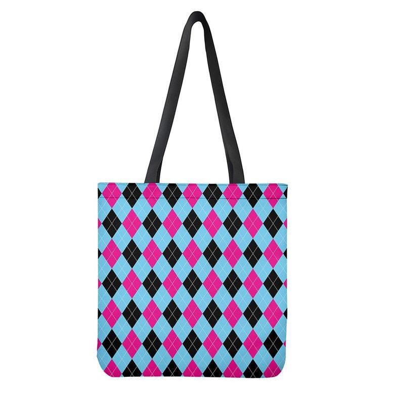 Blue Pink And Black Argyle Pattern Print Tote Bag