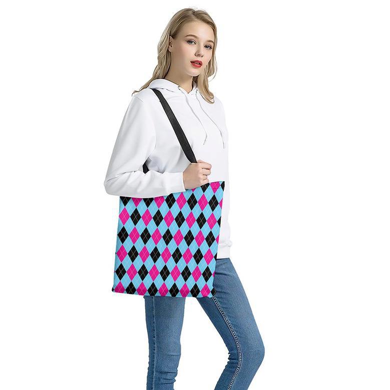 Blue Pink And Black Argyle Pattern Print Tote Bag