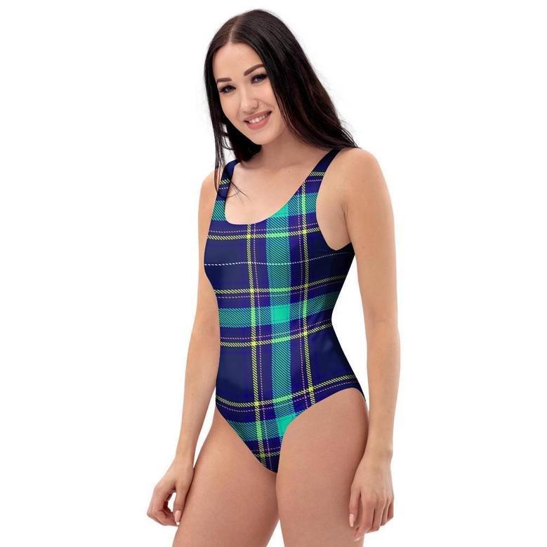 Blue Plaid Tartan Print One Piece Swimsuite