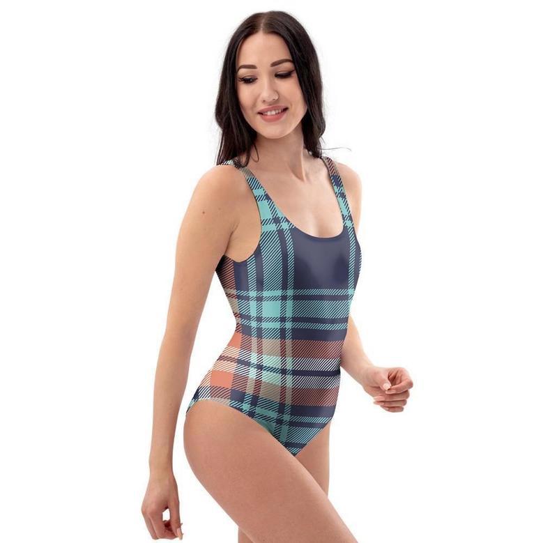 Blue Plaid Tartan Scottish Print One Piece Swimsuite