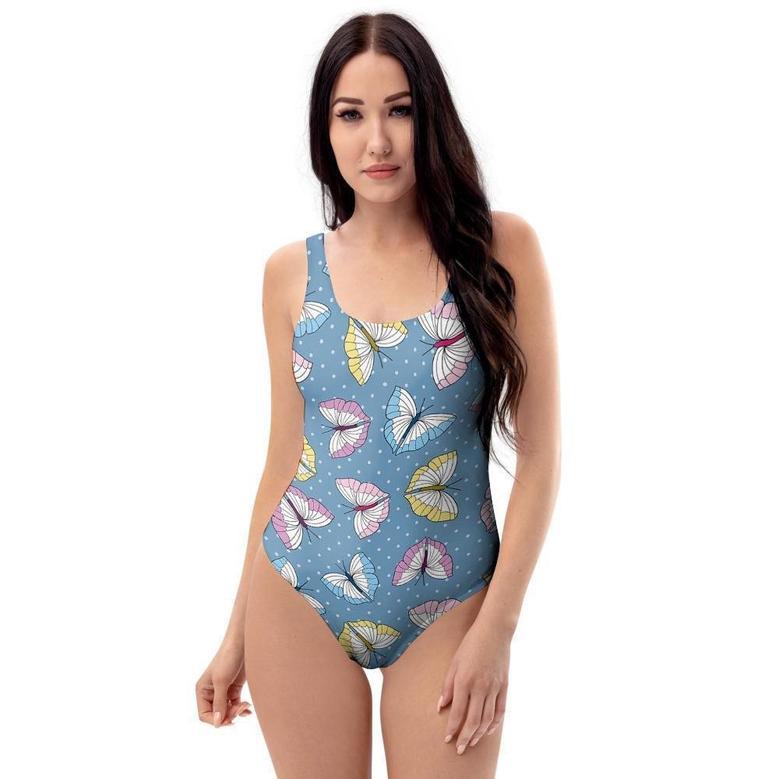 Blue Polka Dots Butterfly Print One Piece Swimsuite