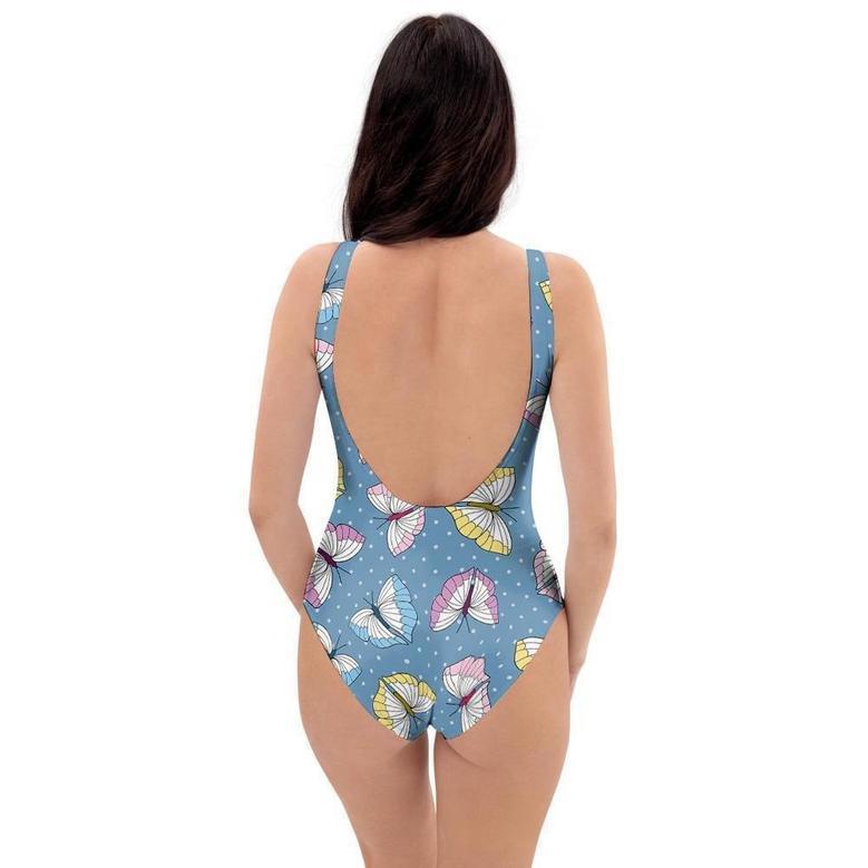 Blue Polka Dots Butterfly Print One Piece Swimsuite