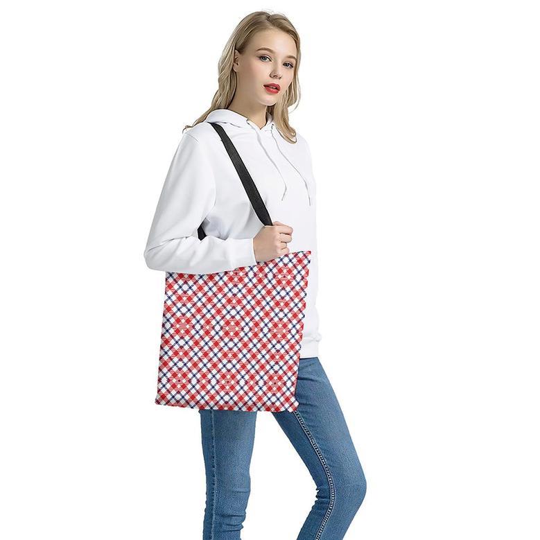 Blue Red And White American Plaid Print Tote Bag