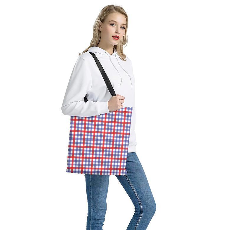 Blue Red And White Check Pattern Print Tote Bag