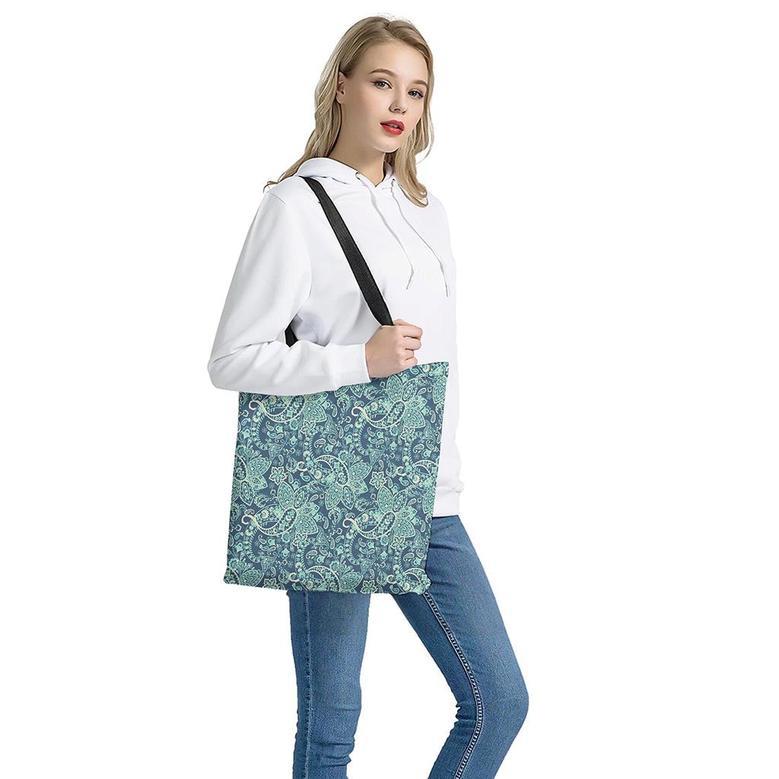 Blue Sky Paisley Bohemian Pattern Print Tote Bag