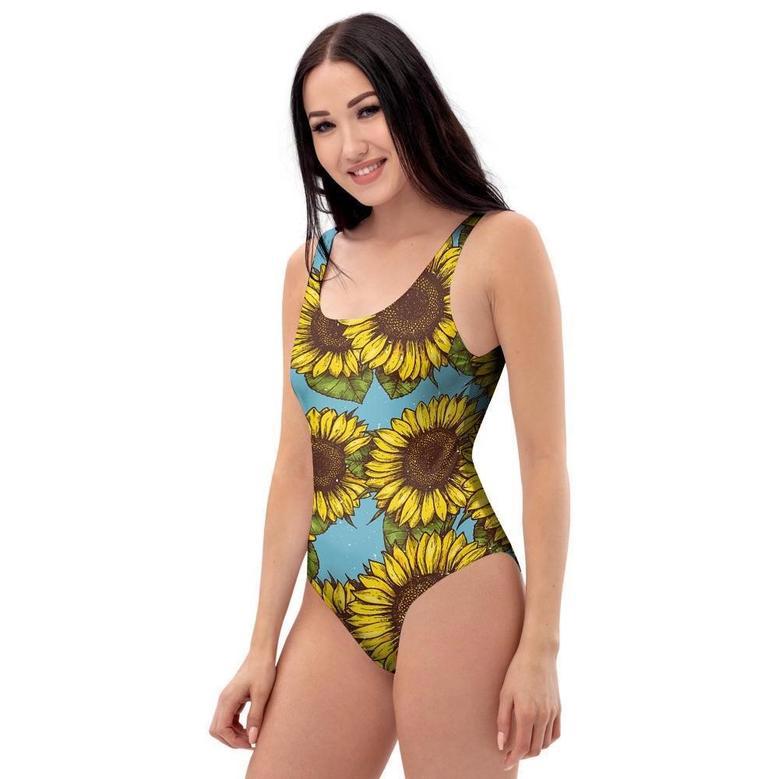 Blue Sunflower Print One Piece Swimsuite