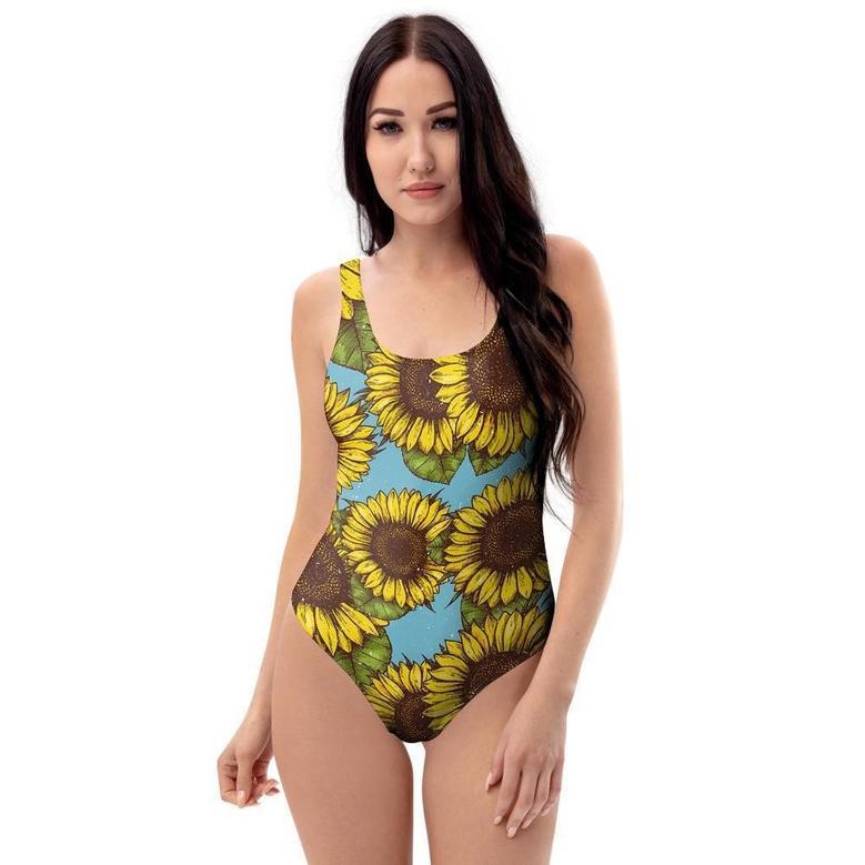 Blue Sunflower Print One Piece Swimsuite