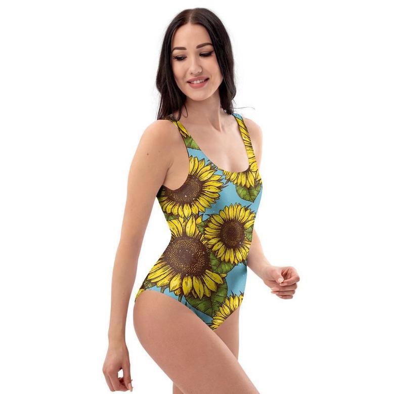 Blue Sunflower Print One Piece Swimsuite