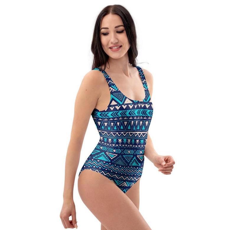 Blue Tribal Aztec Hand Drawn One Piece Swimsuite