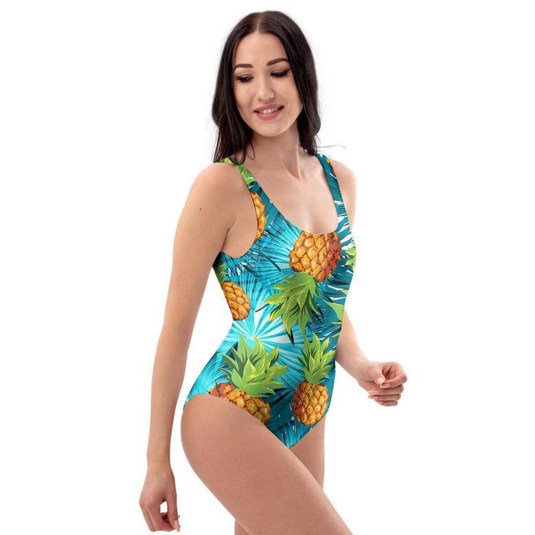 Blue Tropical Hawaiian Pineapple Print One Piece Swimsuite