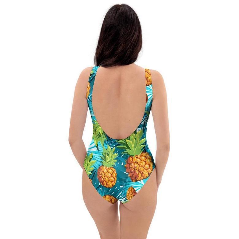 Blue Tropical Hawaiian Pineapple Print One Piece Swimsuite