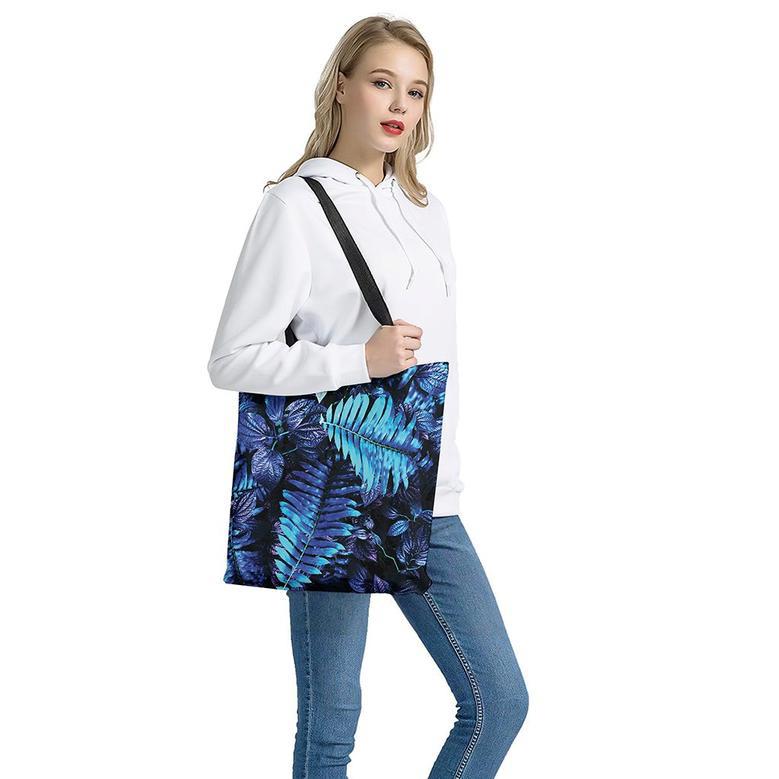 Blue Tropical Leaves Print Tote Bag