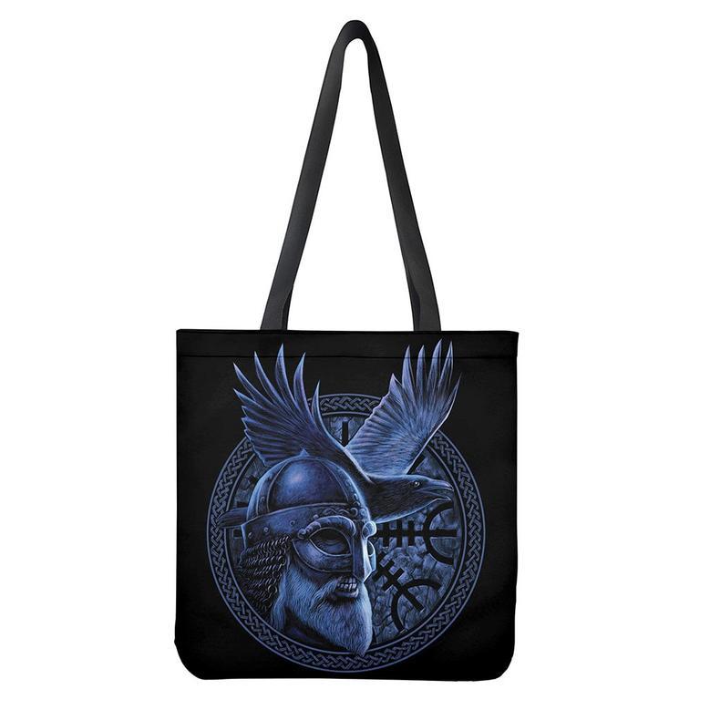 Blue Viking God Odin And Crow Print Tote Bag