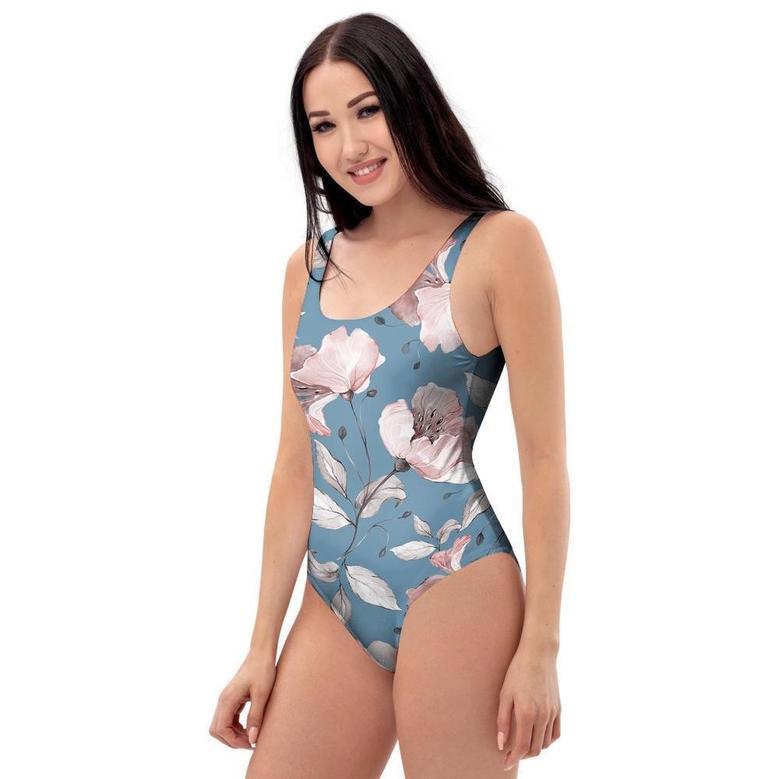 Blue Vintage Floral Print One Piece Swimsuite